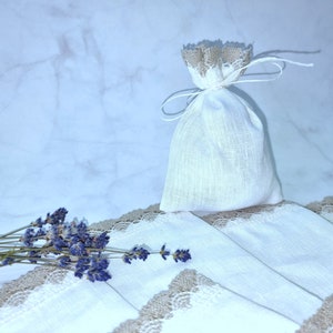 Linen favor bags, linen drawstring bags with lace, gift bags, set of 10pcs, 10*14cm