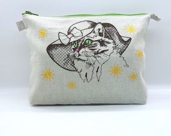 Embroidered art deco Makeup Bag,  Linen make up bag, travel pouch , Embroidery cosmetic Bag, Rustic cosmetic bag, embroidered cat