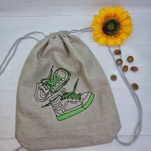 Linen Backpack: Embroidered Drawstring Bag, sneakers embroidery