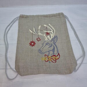 Linen Backpack: Embroidered Drawstring Bag