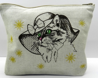Embroidered CAT art deco Makeup Bag,  Linen make up bag, travel pouch , Embroidery cosmetic Bag, Rustic cosmetic bag, embroidered cat