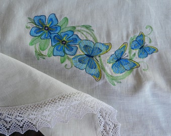 Nappe en lin brodée papillon bleu - dentelle blanche, 61 pouces rond
