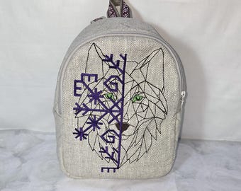 Handmade Linen Backpack, Wolf Embroidery, Latvian Austras Koks Symbol