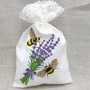 Embroidered Linen Gift Bag: Lavender and Bees Design