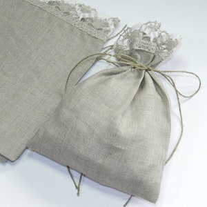 Linen favor bags, linen drawstring bags with lace, gift bags