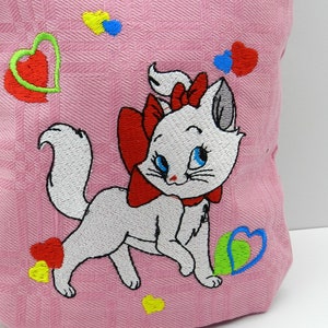 Bolsa pequena de linho com bordado de desenho animado, bolsa transversal de linho para crianças com desenho de gato bordado, bolsa rústica Aristocat na cor rosa