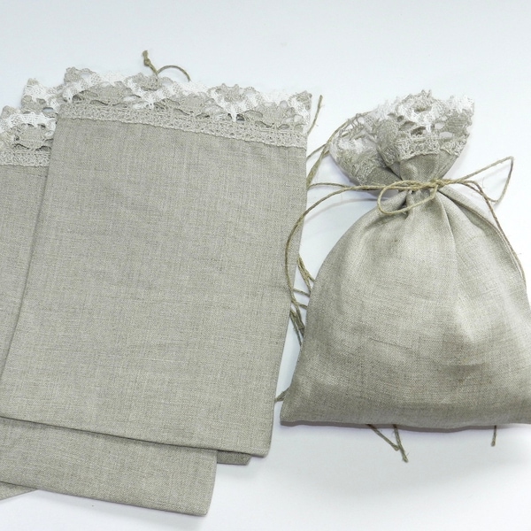 Linen favor bags, linen drawstring bags with lace, gift bags