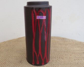 Retro 1960/70's Vintage West German Fat Lava 'Scheurich' Ceramic Pottery Vase Vivid Reds with Grey/White  Superb Condition