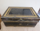 Vintage Circa 1910 Anglo-Indian Allibhoy Vallijee Sons Large Black and Gilt Painted Despatch Box Deeds Box Trunk Fitted Interior