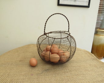 Traditional Large Rustic Vintage French Country Farmhouse Circa 1950s Wire Work Egg Basket with Carry Handle