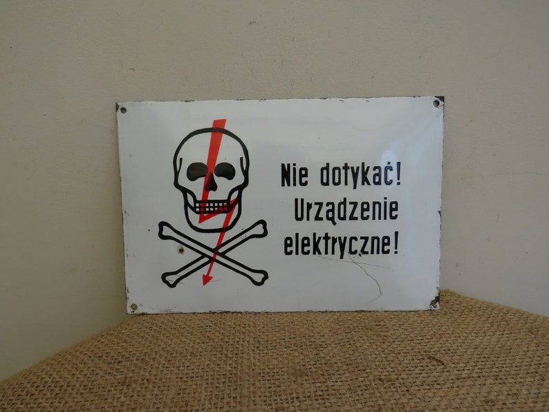 vintage ENAMEL SIGN PLAQUE warning sign skull & bones NIE DOTYKAĆ URZĄDZENIE ELE
