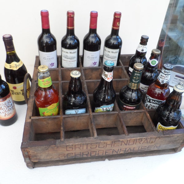 Vintage Wooden German Beer Bottle Crate with chunky metal side carry handles Wine Rack Bottle Store