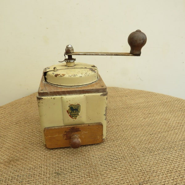 Vintage French all original Coffee Grinder 'Moulin à Café'  Made by Peugeot Freres with a Metal Top and a Cream Metal Body Shabby Chic Style