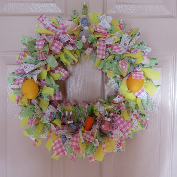 Bespoke Handmade Easter Rag Wreath on 12 inch Metal Wreath Frame (finished size 16 inch) with Easter Decorations. #2