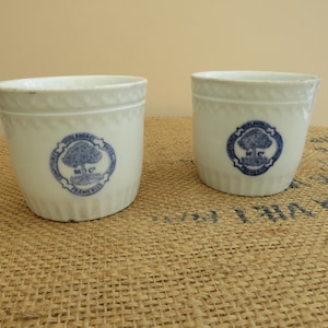 May include: Two white ceramic pots with blue tree logo and text. The pots have a ridged design around the base and a decorative border near the rim. The logo features a tree within a circular frame. The pots are on a burlap surface.