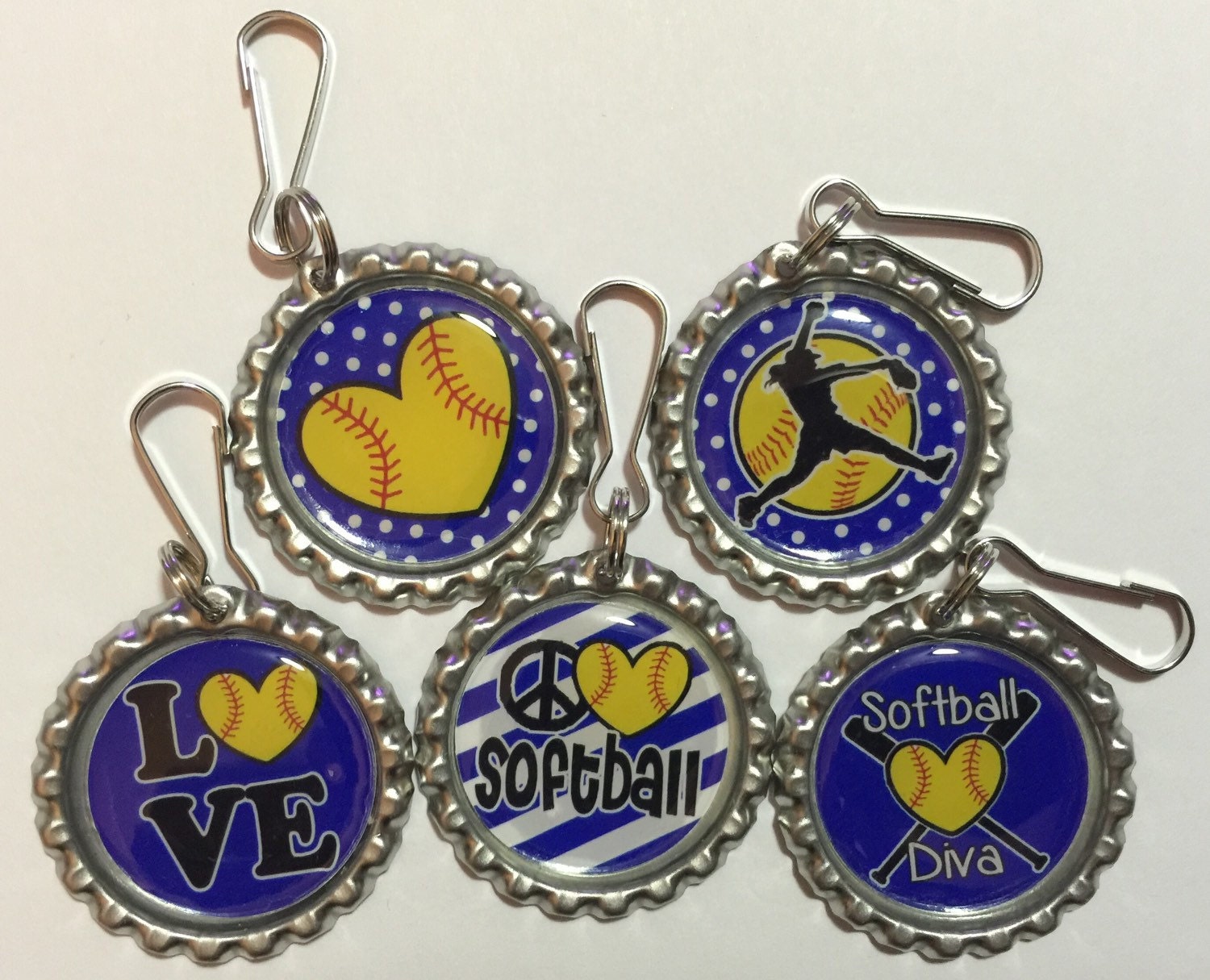 Set of 15 lighter blue Softball Zipper Pulls available in Etsy