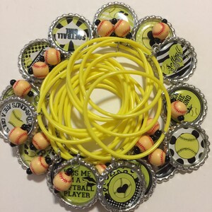 Set of 15 Softball bottle cap bracelets. Party favor, goody bag, team gifts