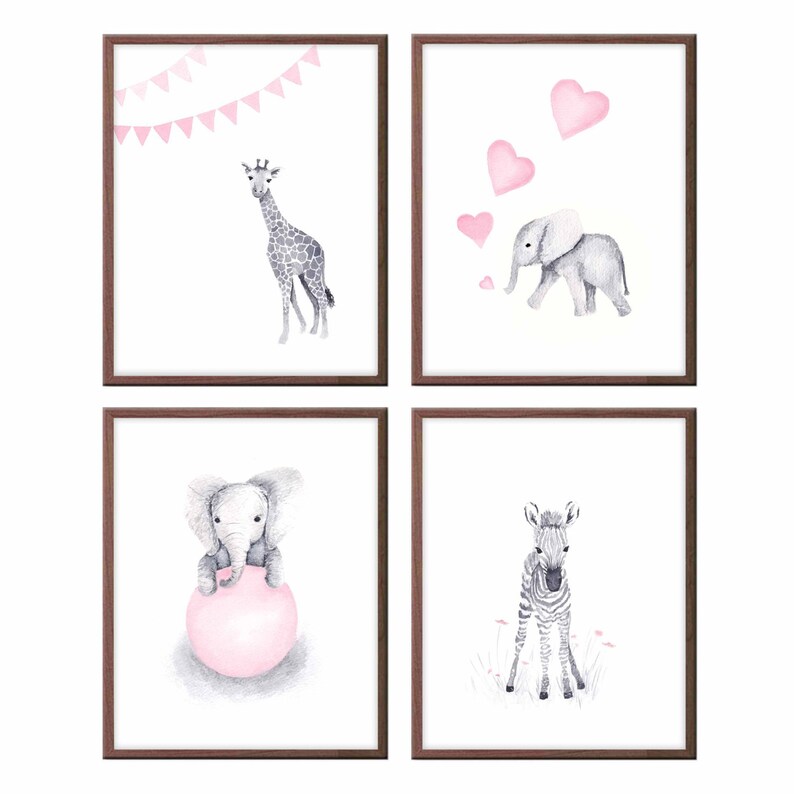 Baby Animals Wall Art Nursery Decor Pink And Gray Elephant Zebra Giraffe For Girl Set Of 4 Prints S401