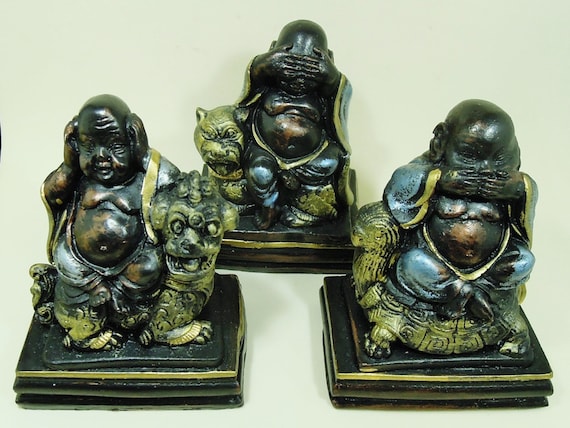 Brass Mini 3 Monkey Ear Eye Mouth Closing Figurine Vintage Collect Animal Statue
