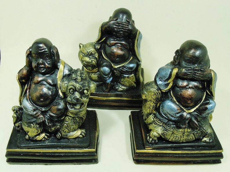 Brass Mini 3 Monkey Ear Eye Mouth Closing Figurine Vintage Collect Animal Statue