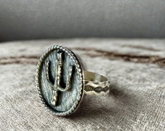 Sterling Silver Saguaro Cactus Statement Ring – Size 6 – Handmade Desert Inspired