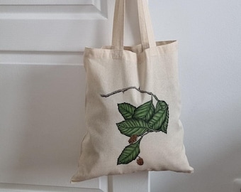 TOTE BAG illustration botanique Aulne, sac shopping, sac de plage, sac de courses, fourre-tout, en toile de coton, peinture sur tissu