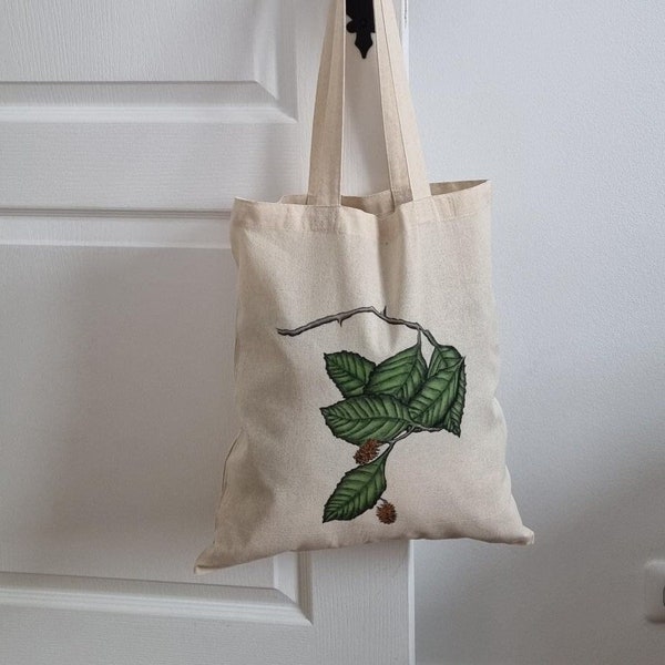 TOTE BAG illustration botanique Aulne, sac shopping, sac de plage, sac de courses, fourre-tout, en toile de coton, peinture sur tissu