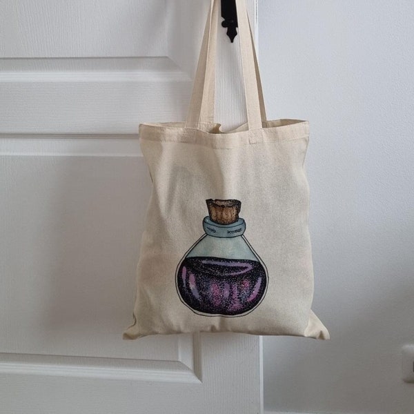 TOTE BAG illustration potion, sac shopping, sac de plage, sac de courses, fourre-tout, en toile de coton, peinture sur tissu