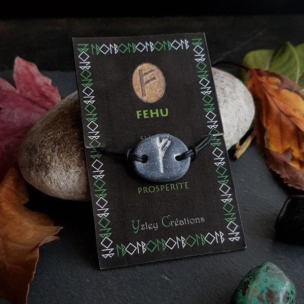 Bracelet Rune FEHU, effet pierre en argile polymère, viking, wicca, pagan, druidique, celtique