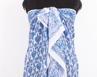 Blue Block Print Sarong Beach Wrap, Block Printed Cover Up, Fashion Pareo Beach Wear For Her