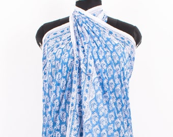 Blue Butti Print Sarong Beach Wrap, Block Printed Cover Up, Fashion Pareo Beach Wear For Her