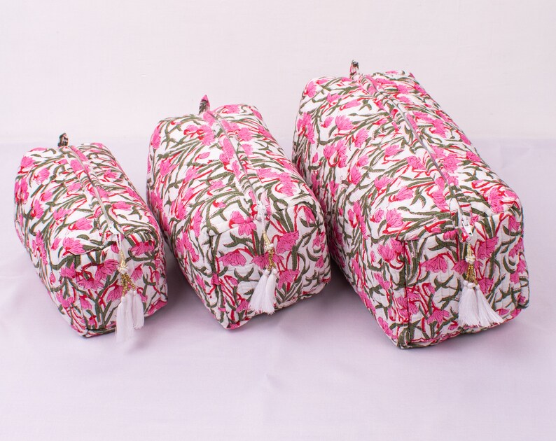 Set Of 3 Makeup Bag, Cotton Toilet Bag, Toiletry Bags, Cosmetic Bag,Block Print Bag Free Shipping image 2