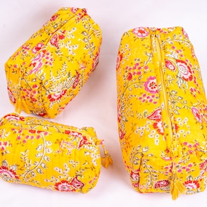 Set di 3 borse per il trucco trapuntate gialle, borsa da toilette in cotone con stampa a blocchi, borse da toilette, borsa per cosmetici, borsa di colore giallo con stampa a blocchi - spedizione gratuita