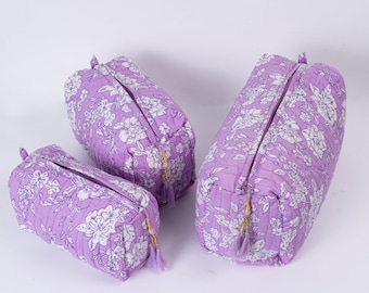 Set Of 3  Purple Color Makeup Bag,  Cotton Toilet Bag, Toiletry Bags, Cosmetic Bag,Block Print Bag