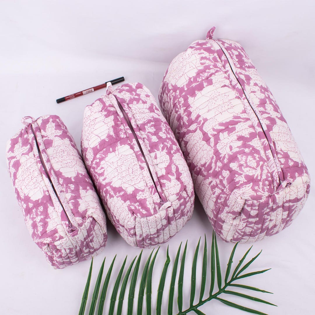 Purple - Floral Hand Block Print Quilted Toiletry Bags (Set of 3) 02