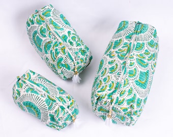 Set Of 3 Makeup Bag, Cotton Toilet Bag, Toiletry Bags, Cosmetic Bag, Block Print Makeup Bag