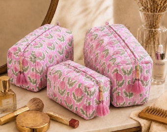 Set Of 3 Quilted Cotton Makeup Bag, Waterproof Toiletry Pouch, Block Print Make Up Bag, Cosmetic Bag, Small Wash Bag For Women