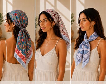 May include: A collage showing three ways to wear a square scarf. The first is a blue scarf with red and orange floral patterns tied at the nape. The second is a white scarf with a red and blue paisley print. The third is a light blue scarf with a fish pattern tied around the neck.