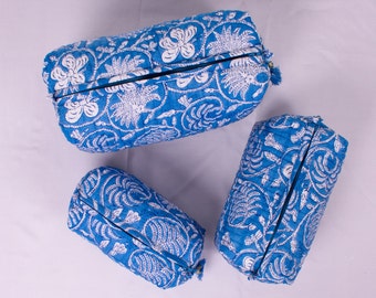 Set Of 3 Makeup Bag, Cotton Toilet Bag, Toiletry Bags, Cosmetic Bag,Block Print Bag - Free Shipping
