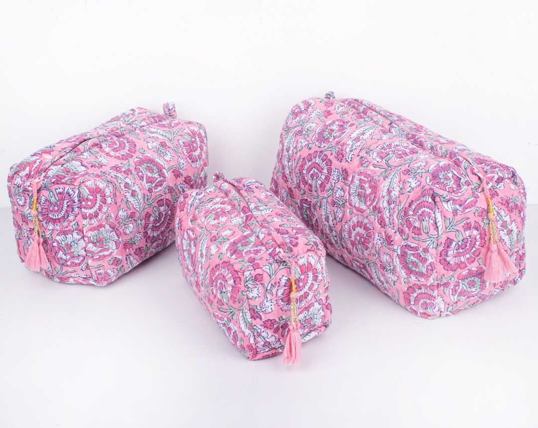 Set of 3 Quilted Toiletry Bag Block Print Pink Make up Bag Etsy
