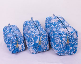Set di 3 borse per trucchi, borsa da toilette in cotone, borse da toilette, borsa per cosmetici, borsa con stampa a blocchi - Spedizione gratuita