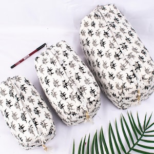 Set di 3 borse per il trucco in cotone trapuntato, pochette da toeletta impermeabile, borsa per il trucco con stampa a blocchi, borsa per cosmetici, piccola borsa da lavaggio per donna
