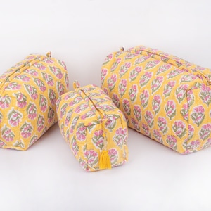 3er Set Gesteppte Make-up-Tasche & Organizer, Kulturbeutel aus Baumwolle, Reisetasche, Indisches Block Print Make-up - Kostenloser Versand