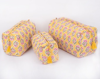 Set Of 3 Cotton Quilted Makeup Bag & Organizer, Cotton Toiletry Case, Travel Bag, Indian Block Print Makeup - Free shipping