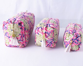 Set Of 3 Makeup Bag, Pink Color Cotton Toilet Bag, Toiletry Bags, Cosmetic Bag,Block Print Bag - Free Shipping