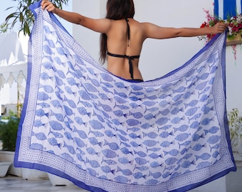 Light Weight Sarong Blue, Fish Print Cotton Pareo, Beach Wrap Sarong - Free Shipping