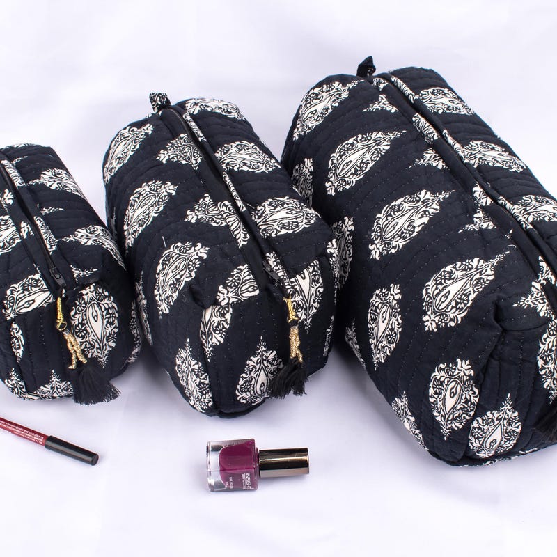 Black - Floral Hand Block Print Quilted Toiletry Bags (Set of 3) 15