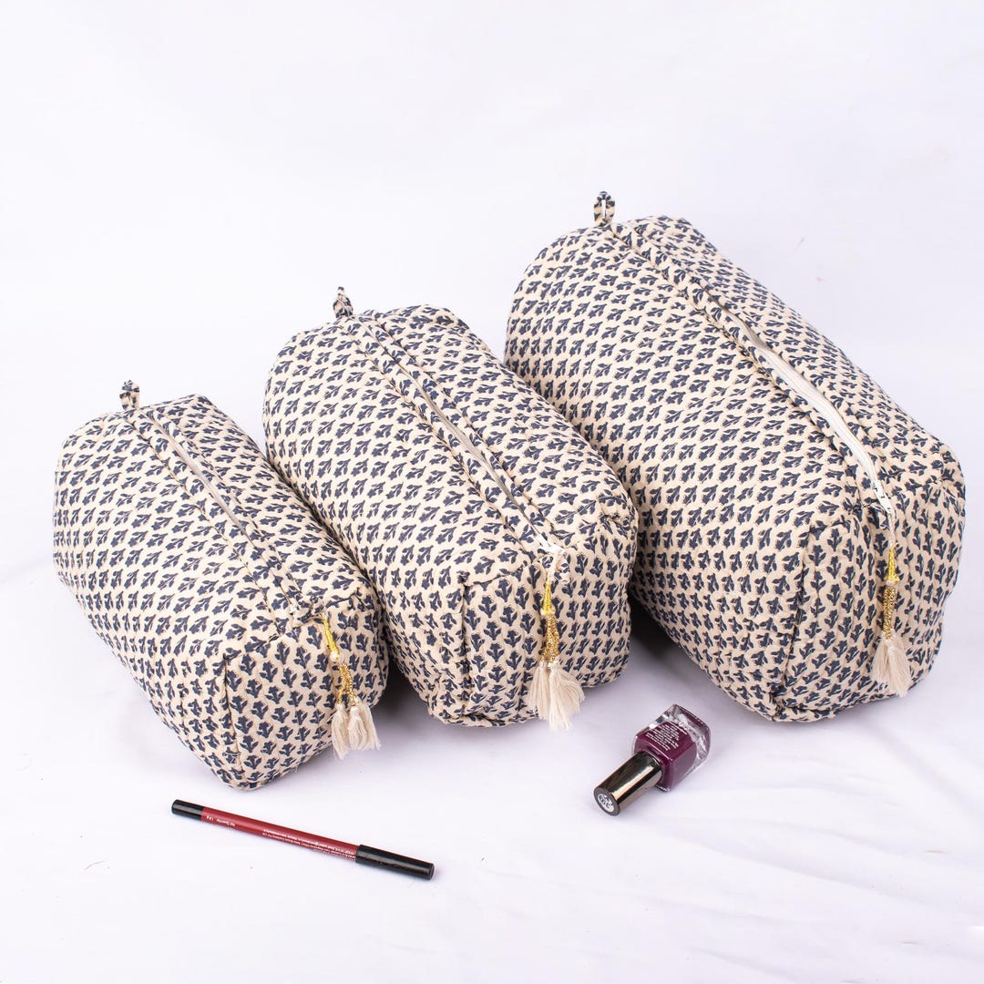Brown - Floral Hand Block Print Quilted Toiletry Bags (Set of 3) 11