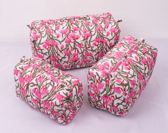 Set Of 3 Makeup Bag, Cotton Toilet Bag, Toiletry Bags, Cosmetic Bag,Block Print Bag - Free Shipping