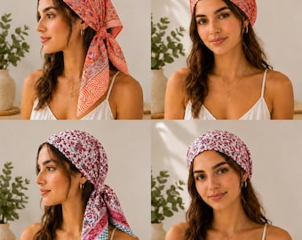 May include: A set of two square head scarves worn as bandanas. One scarf features a coral and orange floral pattern with geometric borders. The second scarf displays a white, red, and blue floral print with a checkered edge pattern.